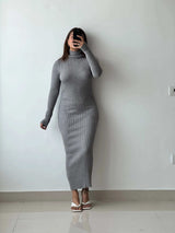 Size XS-M, Grey High Neck Ribbed Maxi Dress