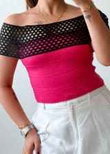 Size XS Black & Pink Mesh Off-Shoulder Top