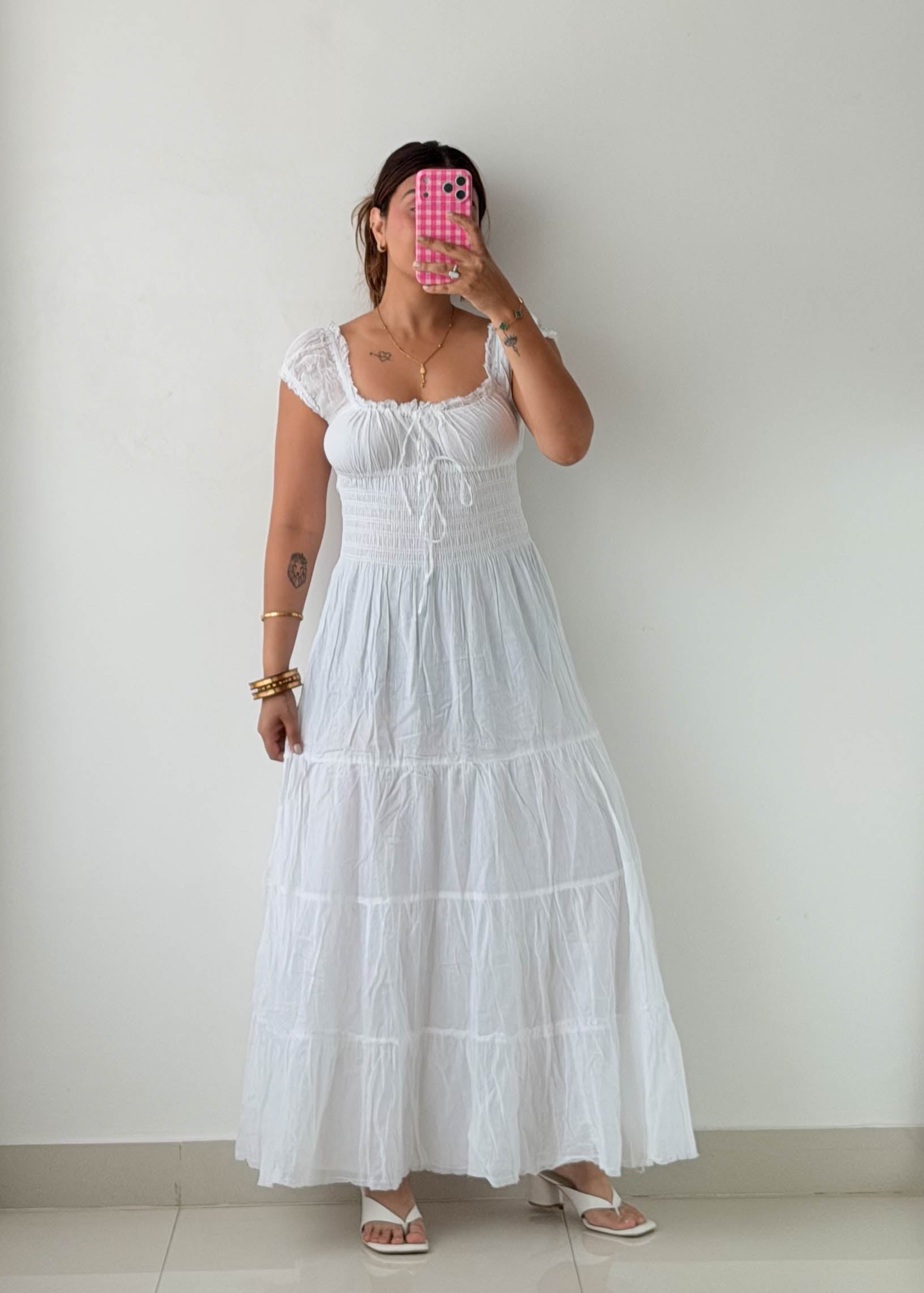 Size S & M White Smocked Maxi Dress