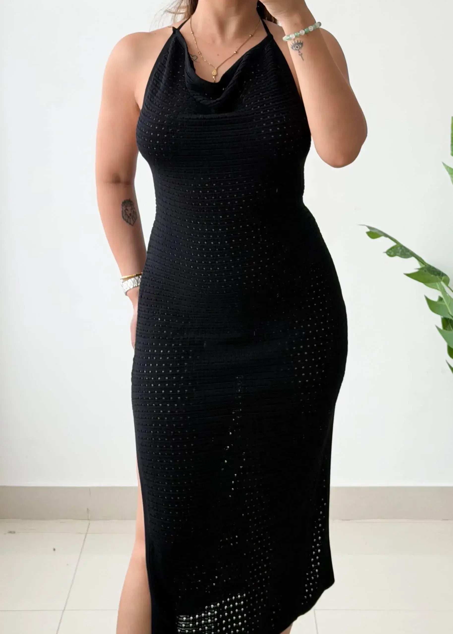 Size S-M, Black Halter Neck Midi Dress - Closet by Payal