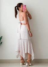 Size S-M White Floral Open-Back Handkerchief Midi Dress