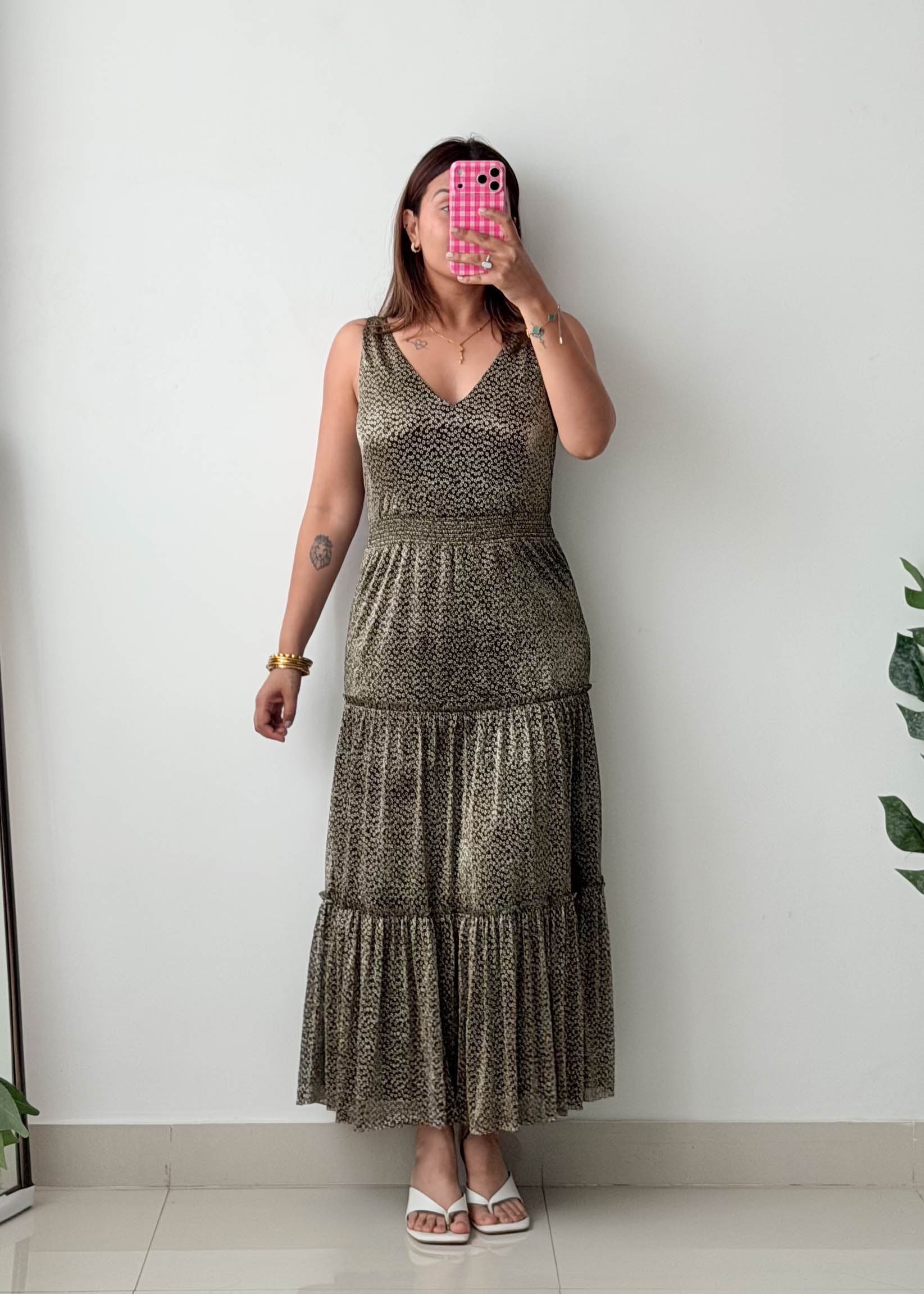 Size M Micro Print Tiered Maxi Dress