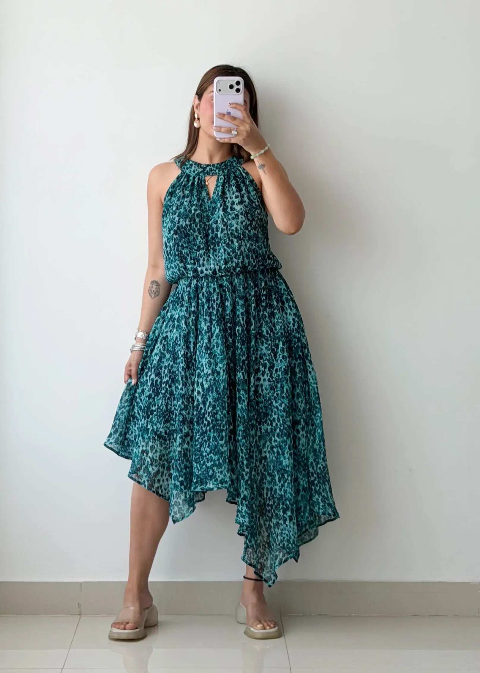 Size M-L, Teal Printed Asymmetric Dress