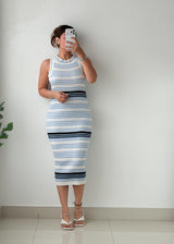 Size L-XL Blue Striped Ribbed Midi Dress
