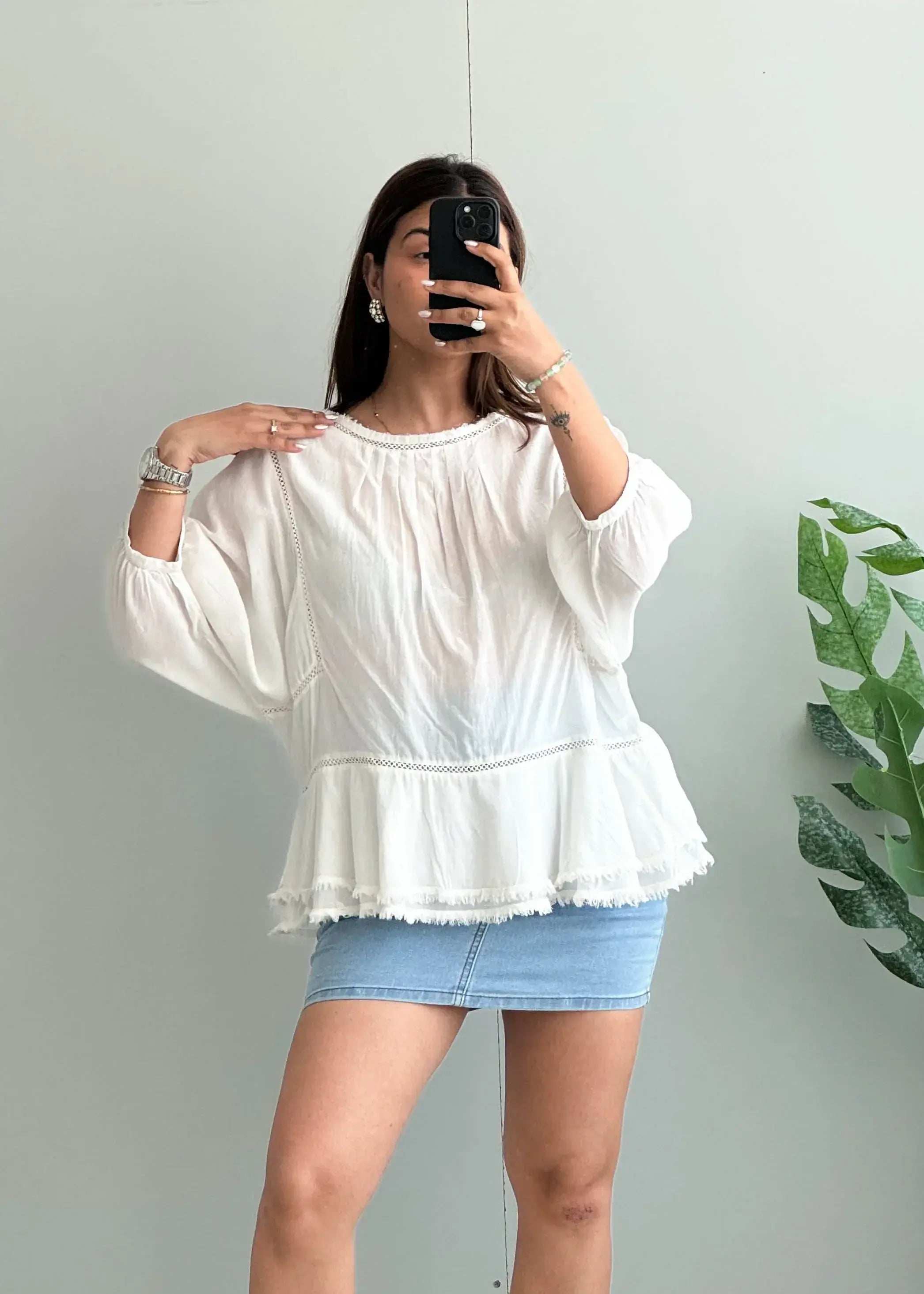 Size M-L, White Cotton Flowy Peplum Top with Puff Sleeves - Closet by Payal