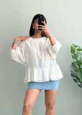 Size M-L, White Cotton Flowy Peplum Top with Puff Sleeves - Closet by Payal