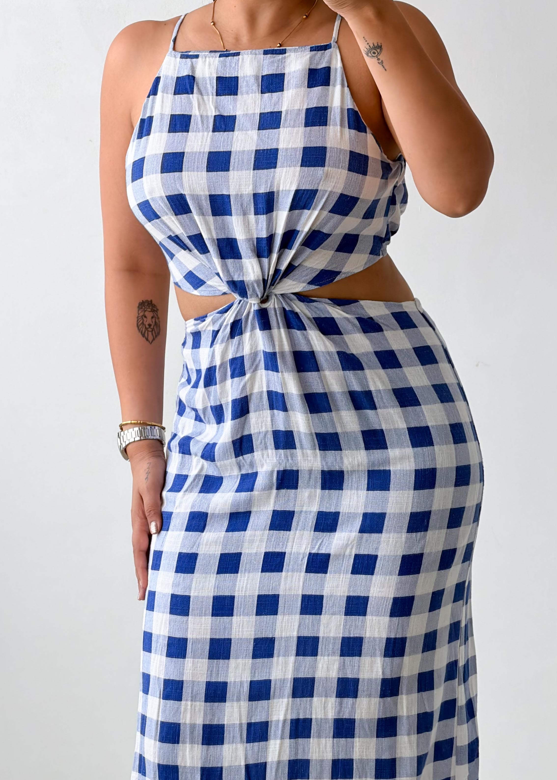 Size S-M Blue Gingham Cut-Out Midi Dress