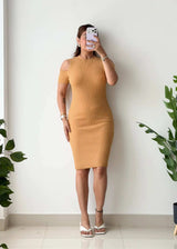Size M-L, Mustard Cold Shoulder Ribbed Midi Dress - Closet by Payal