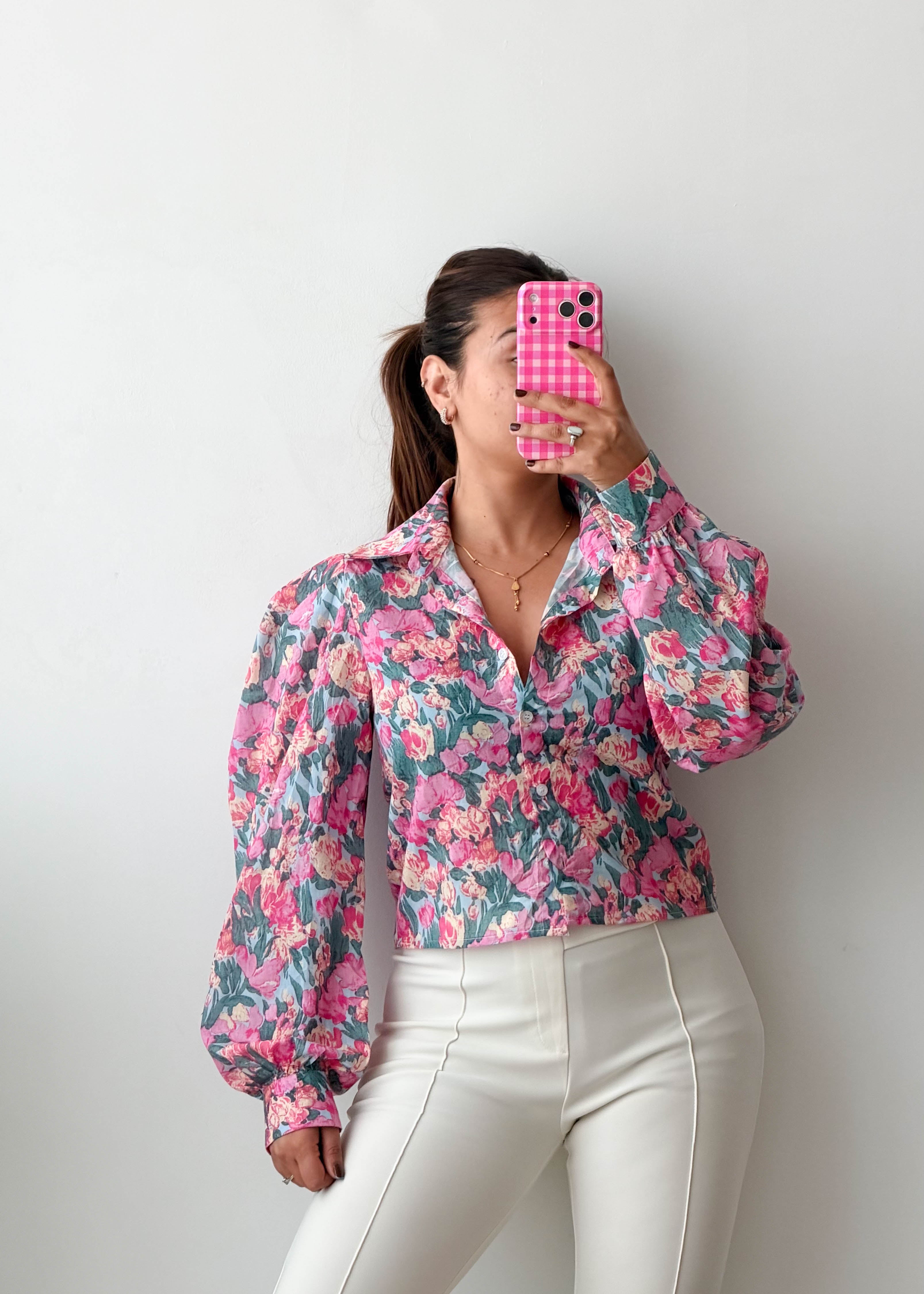 Size XS-S Pink Floral Puff Sleeve Chiffon Crop Top