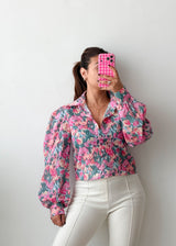 Size XS-S Pink Floral Puff Sleeve Chiffon Crop Top