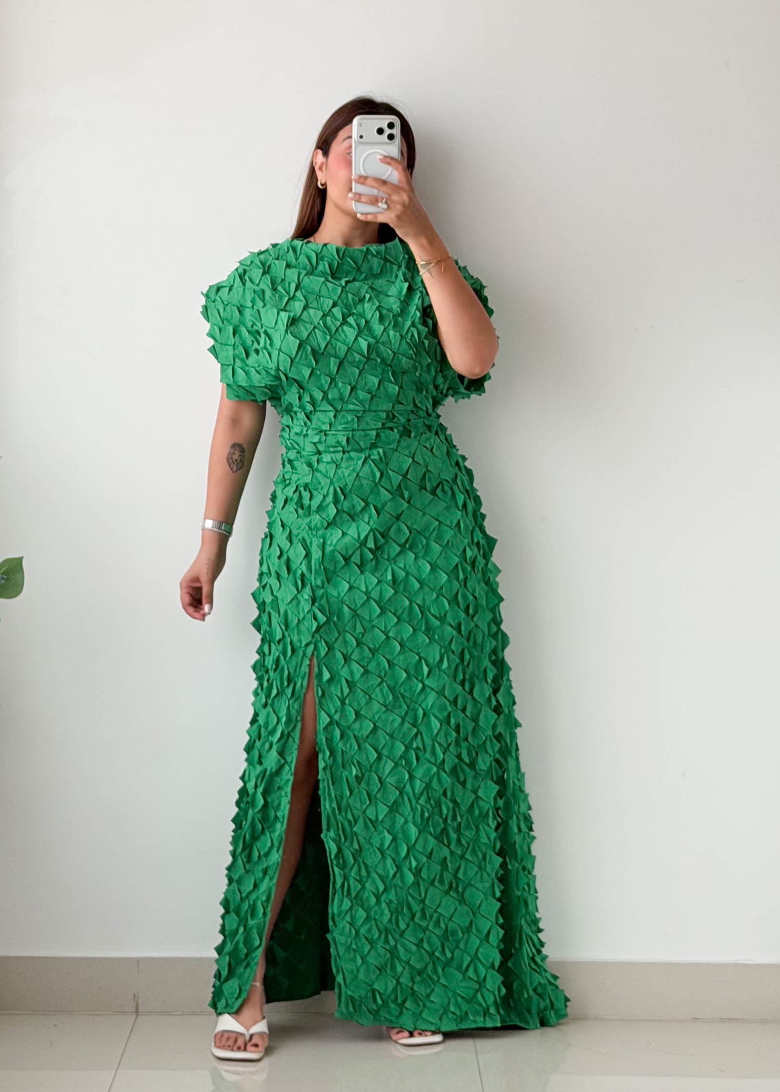 Size XS-S Green Textured Slit Maxi Dress