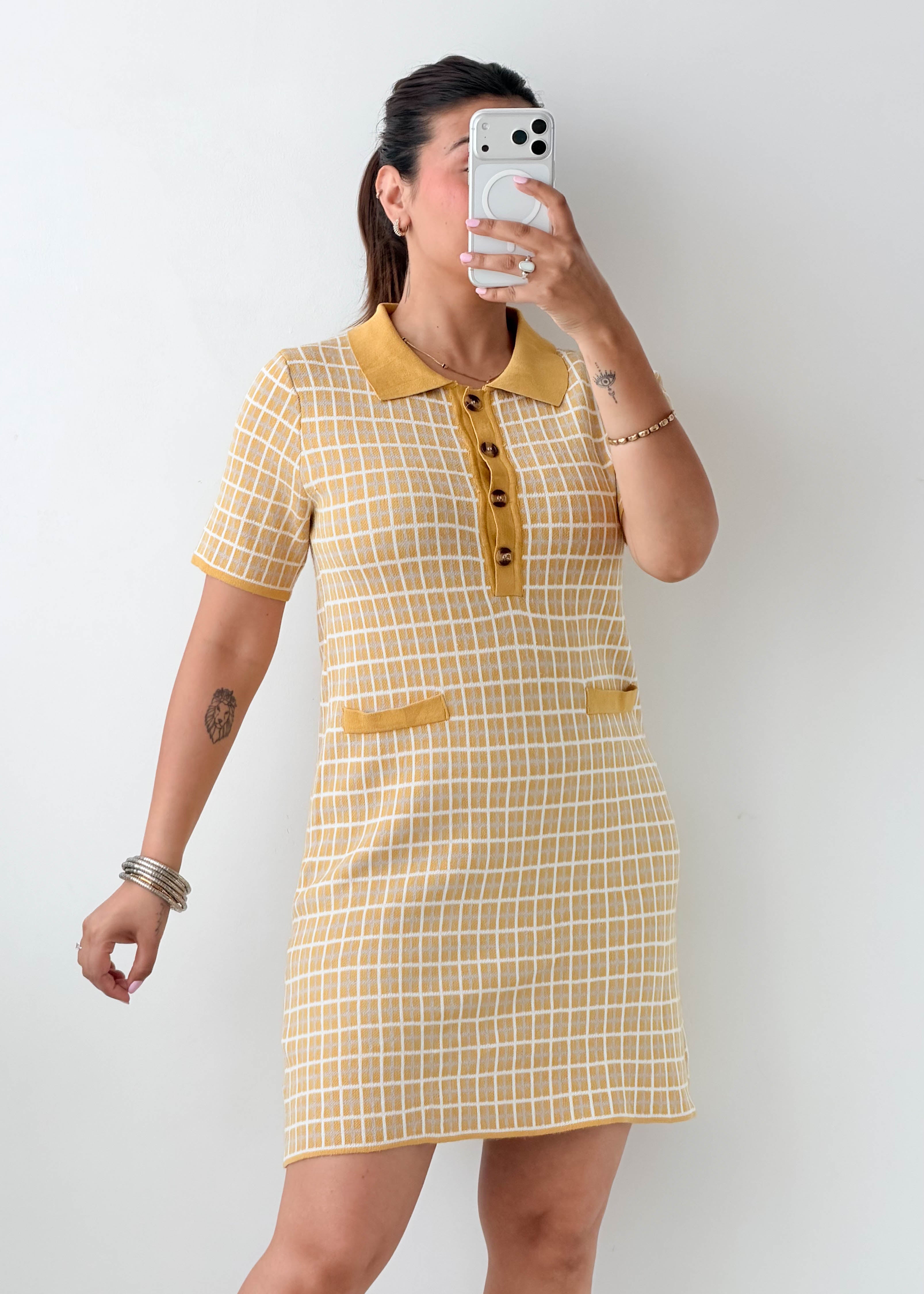 Size M-L Mustard Checked Polo Knit Mini Dress