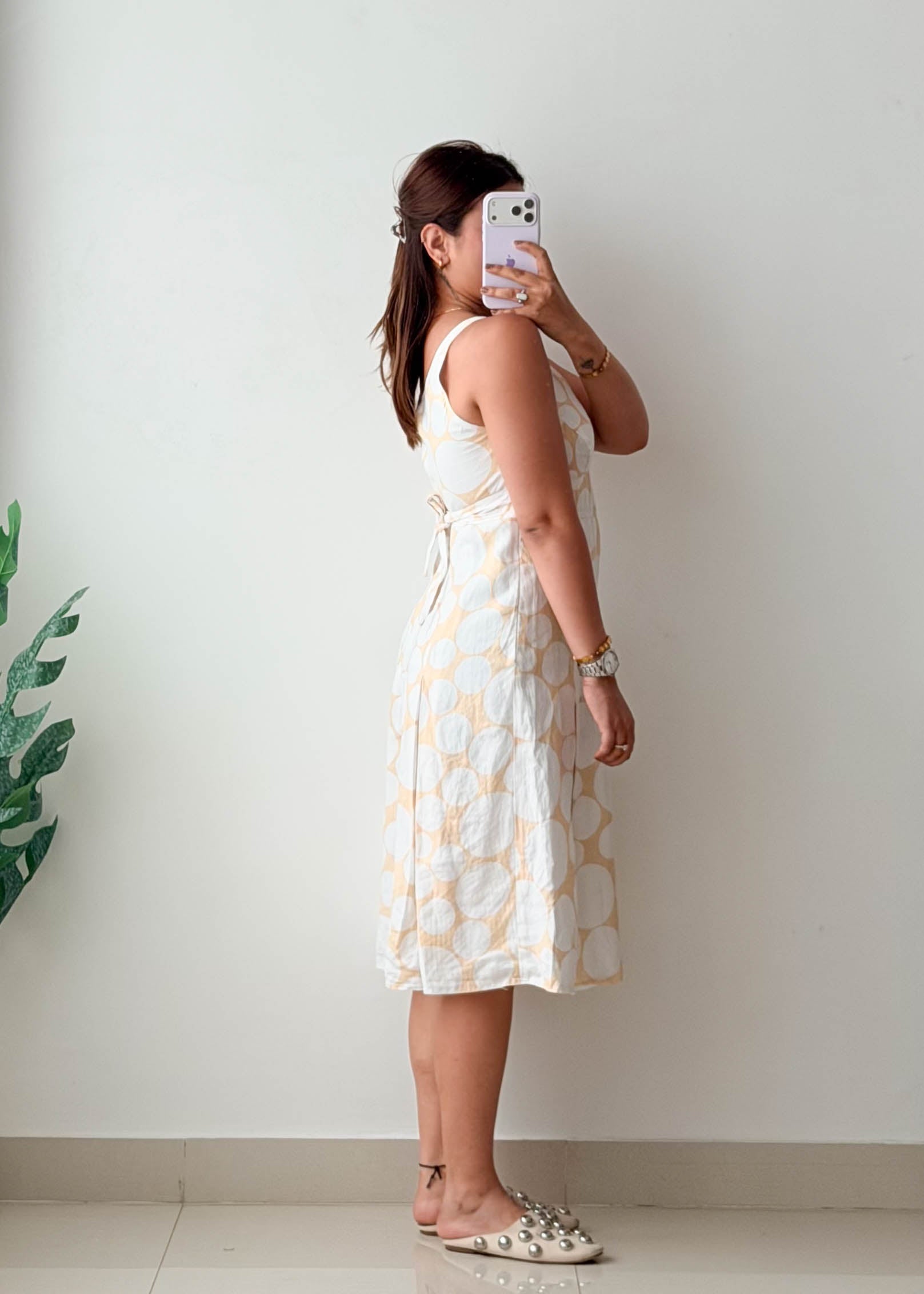 Size XS-S White & Beige Printed Midi Dress