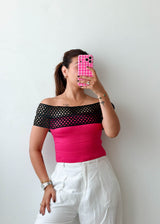 Size XS Black & Pink Mesh Off-Shoulder Top