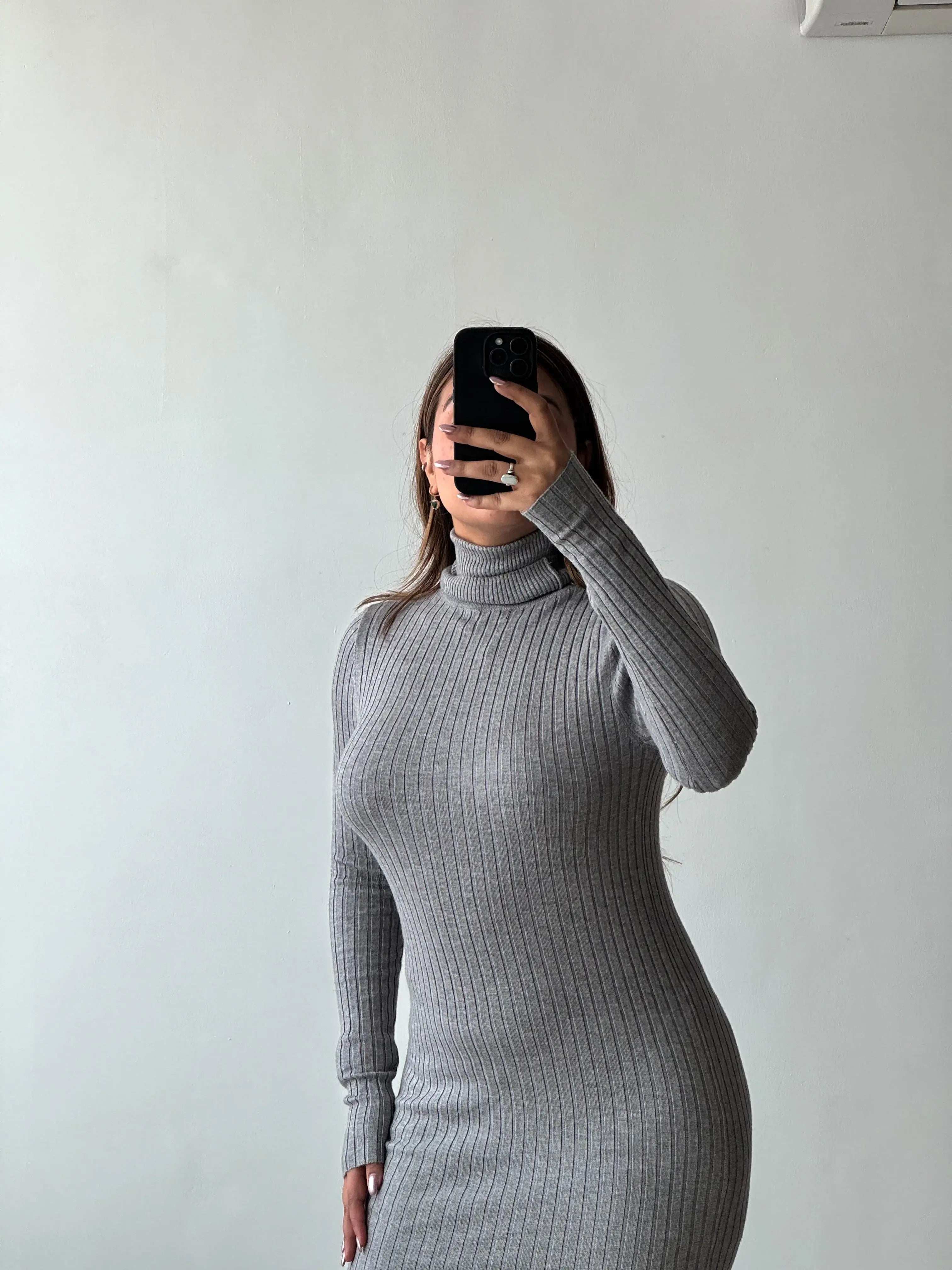 Size XS-M, Grey High Neck Ribbed Maxi Dress