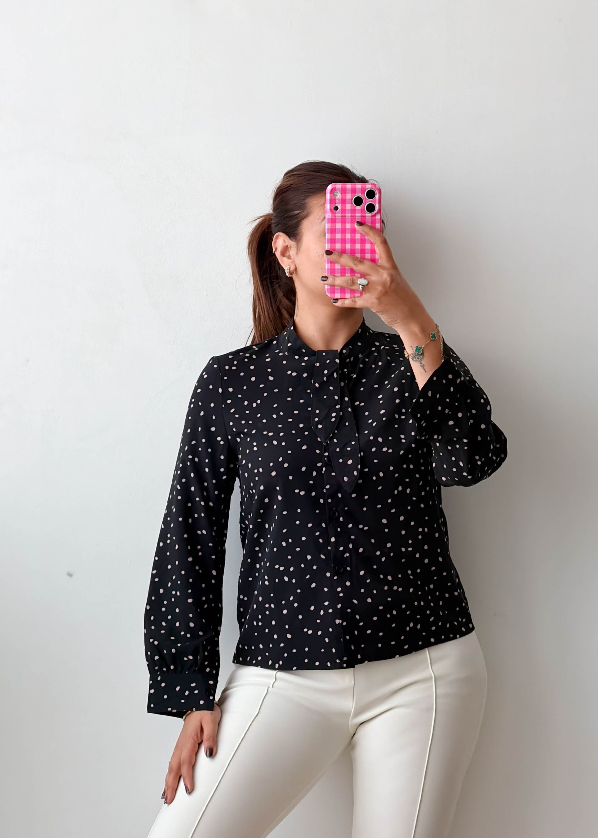 Size XS-S Black Polka Dot Tie-Neck Shirt Top