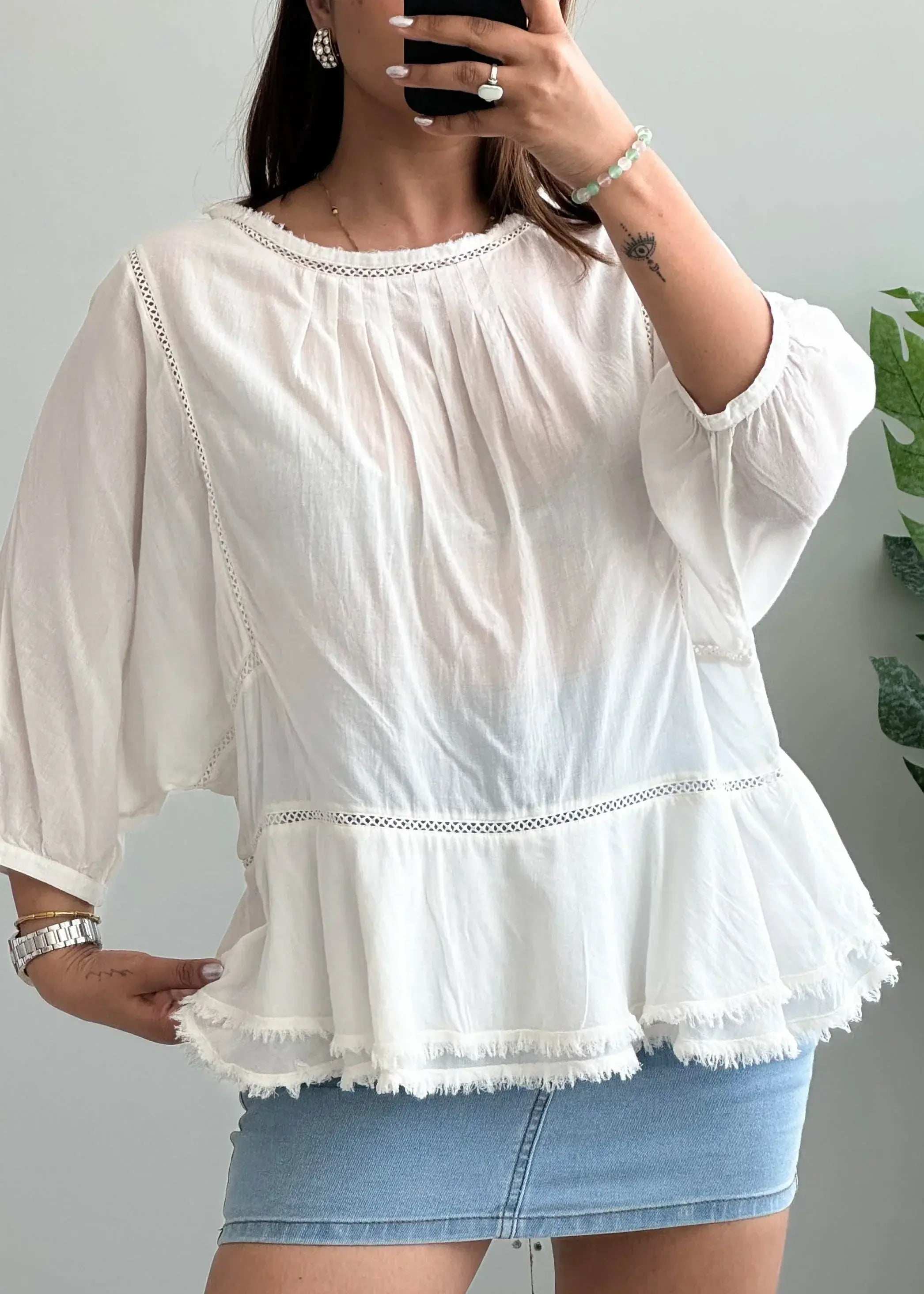 Size M-L, White Cotton Flowy Peplum Top with Puff Sleeves - Closet by Payal