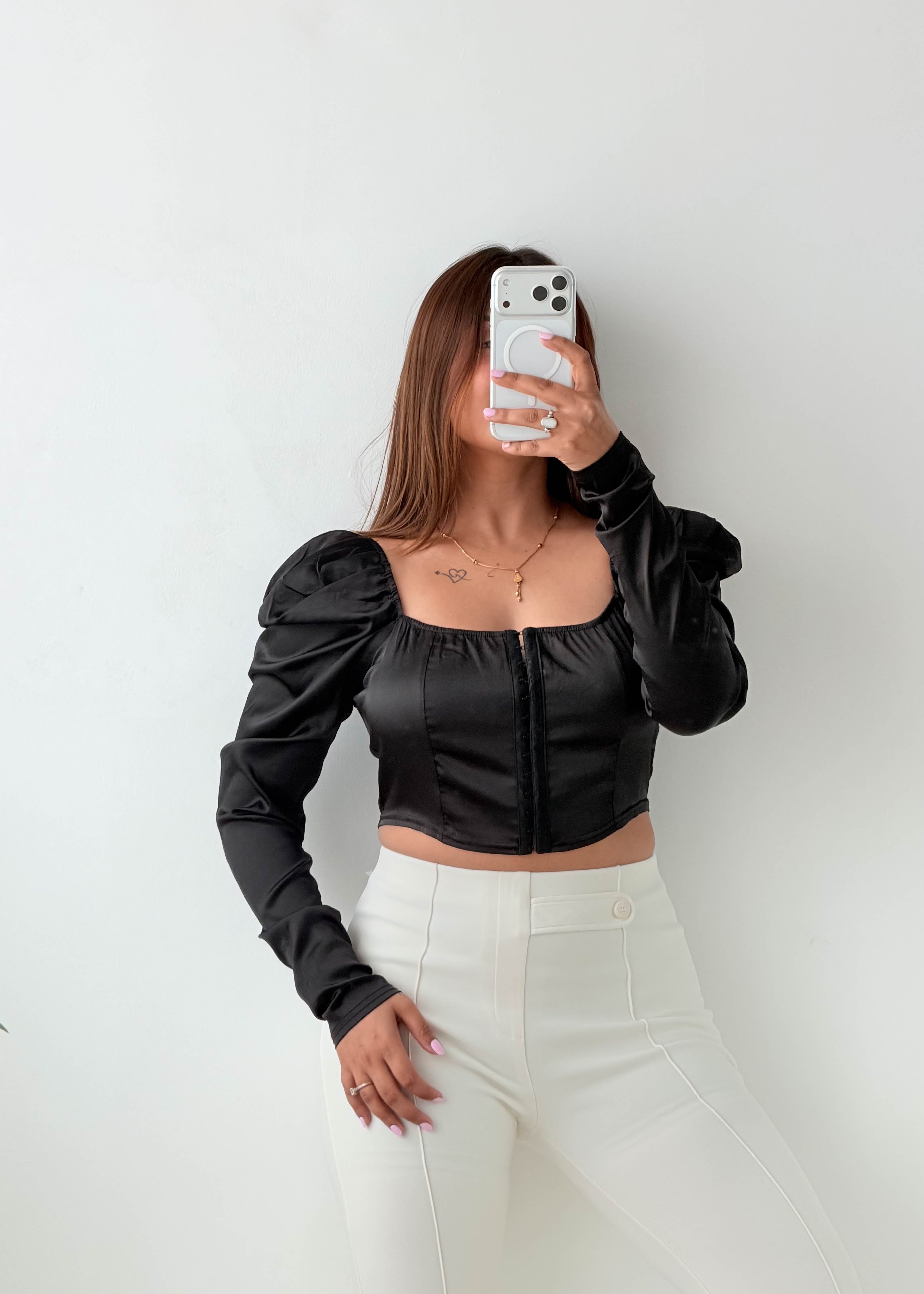 Size M Black Puff Sleeve Corset Top