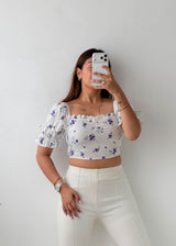 Size XS-S White Purple Floral Smocked Crop Top