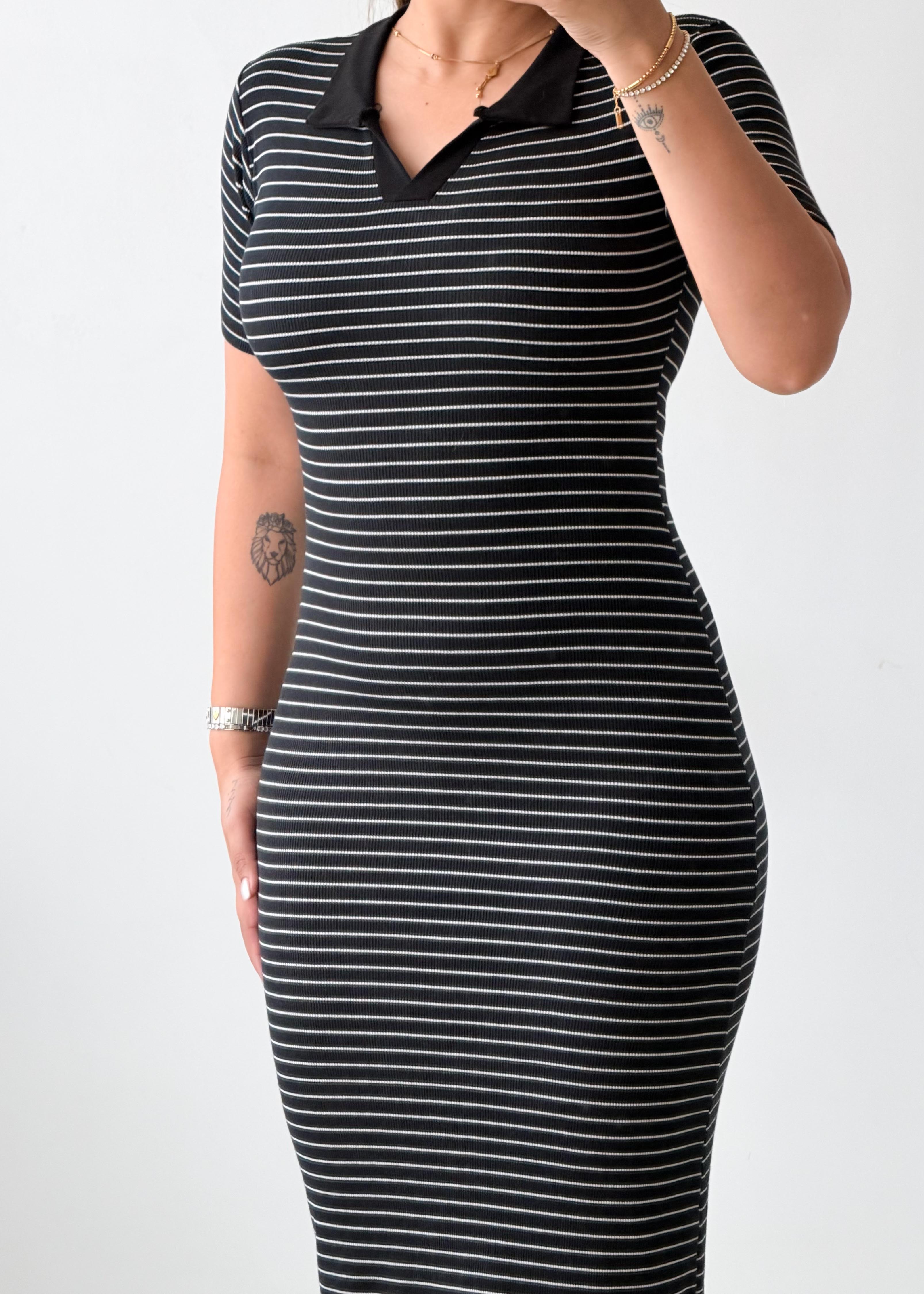 Size XS-S Black Striped Bodycon Midi Dress