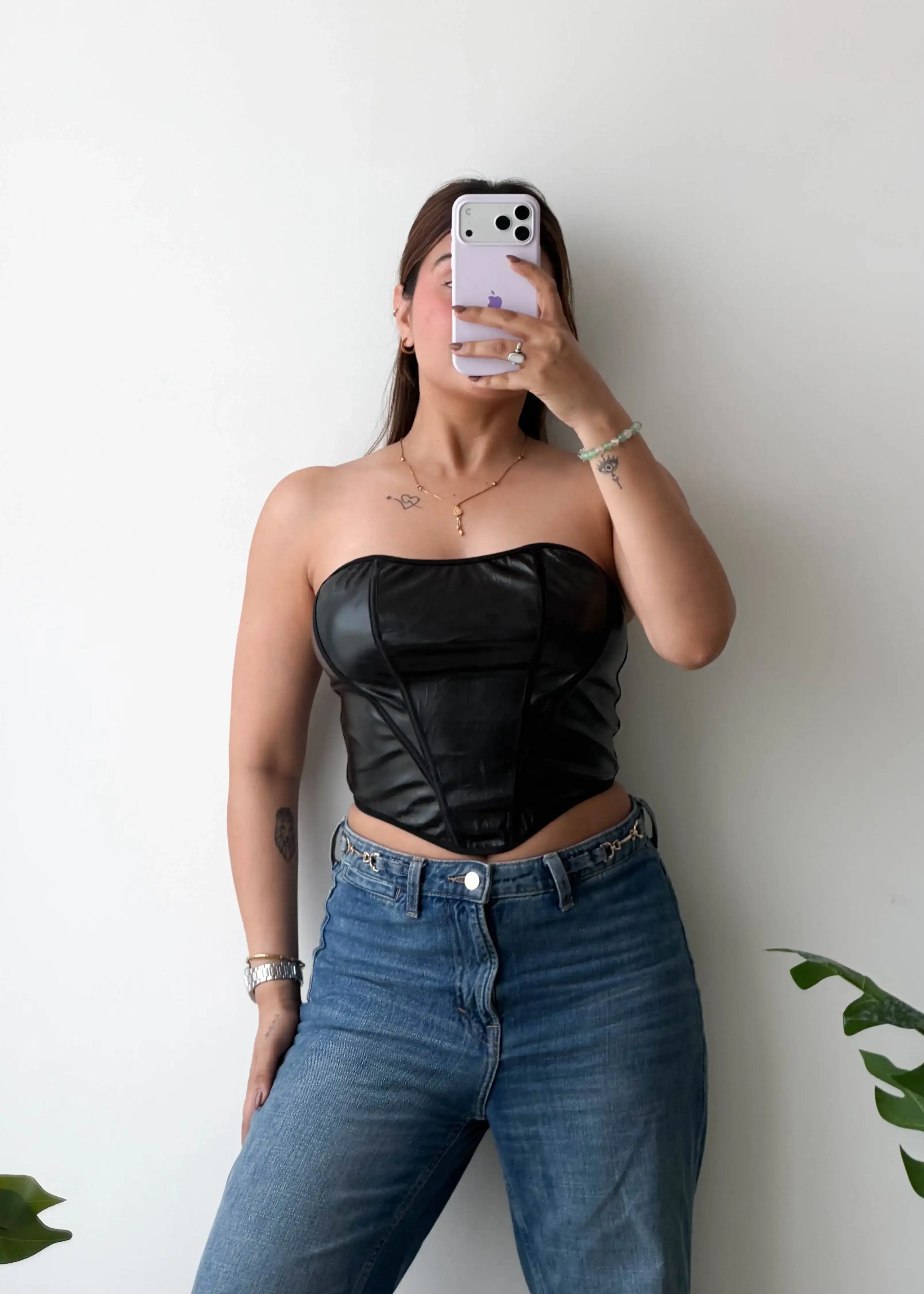 SIZE M-L, Black Faux Leather Corset Top