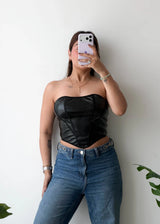 SIZE M-L, Black Faux Leather Corset Top