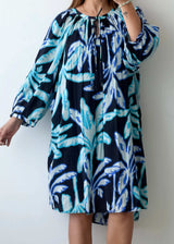 Size L-XL, Blue Abstract Print Flowy Dress