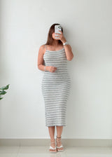Size S-M Grey & White Striped Ribbed Knit Midi Dress