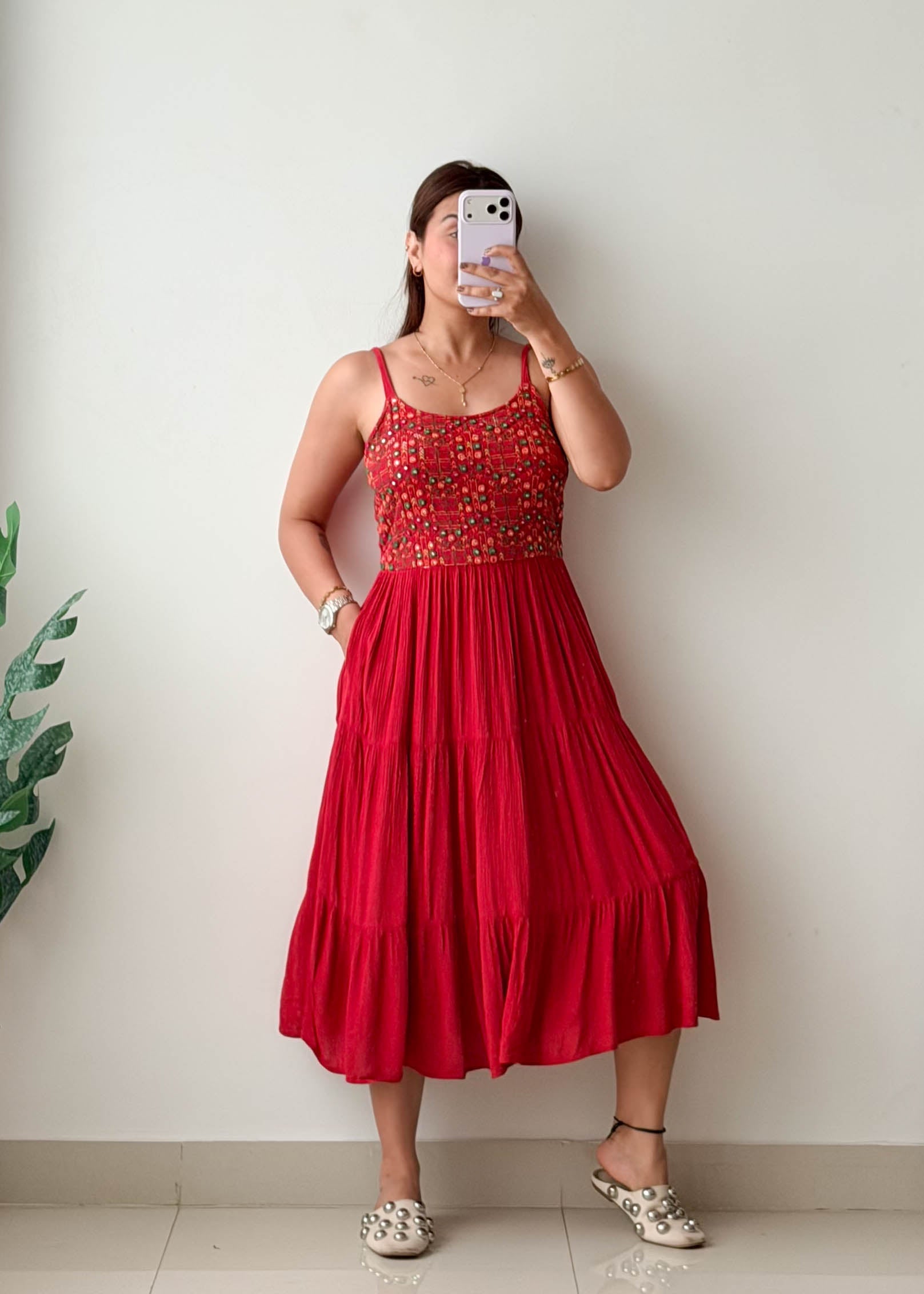 Size M-L Red Embroidered Tiered Midi Dress