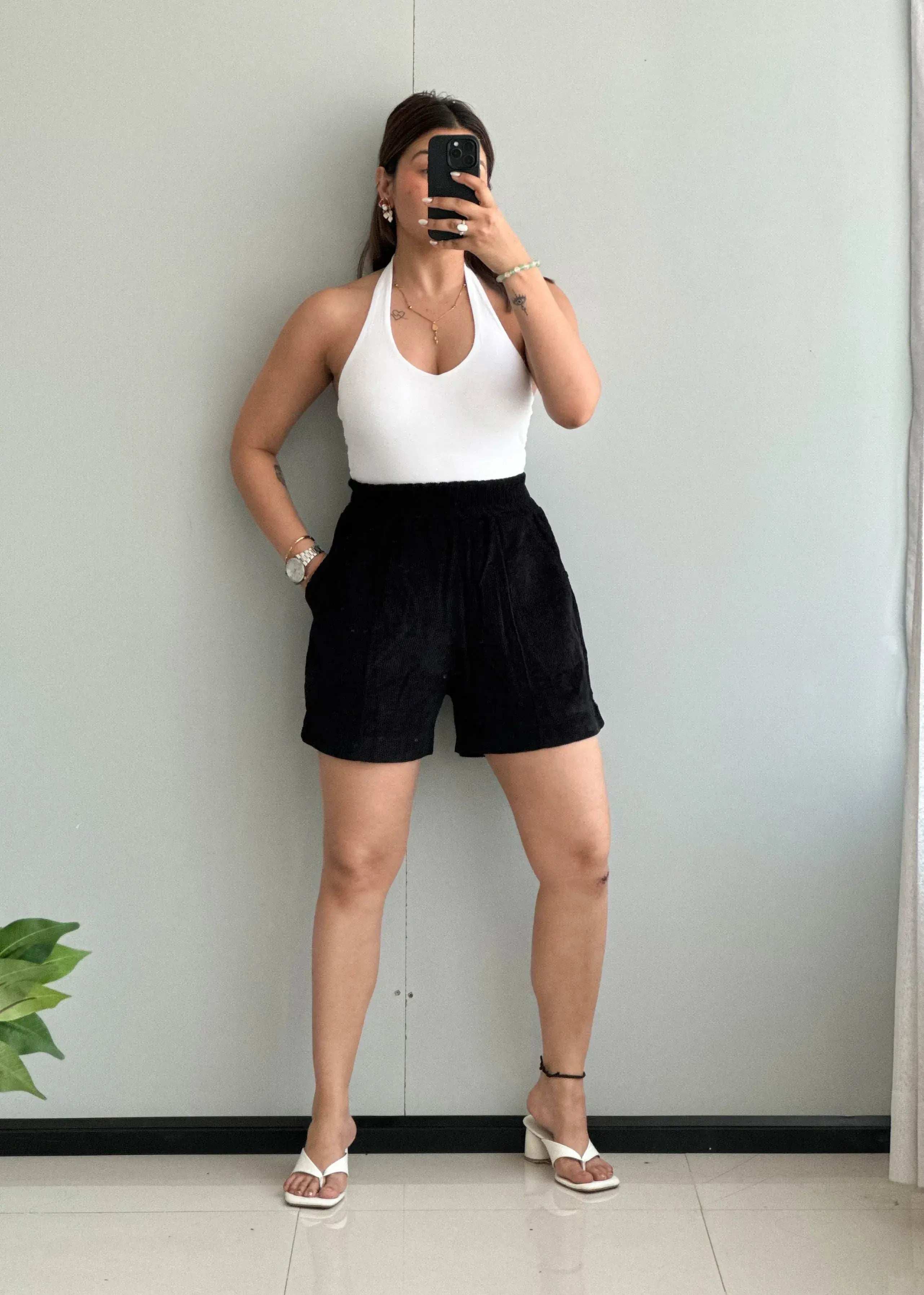 Waist : 26-28, Black Corduroy High waisted Shorts - Closet by Payal