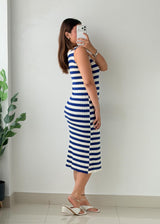 Size M-L Blue & White Striped Ribbed Midi Dress
