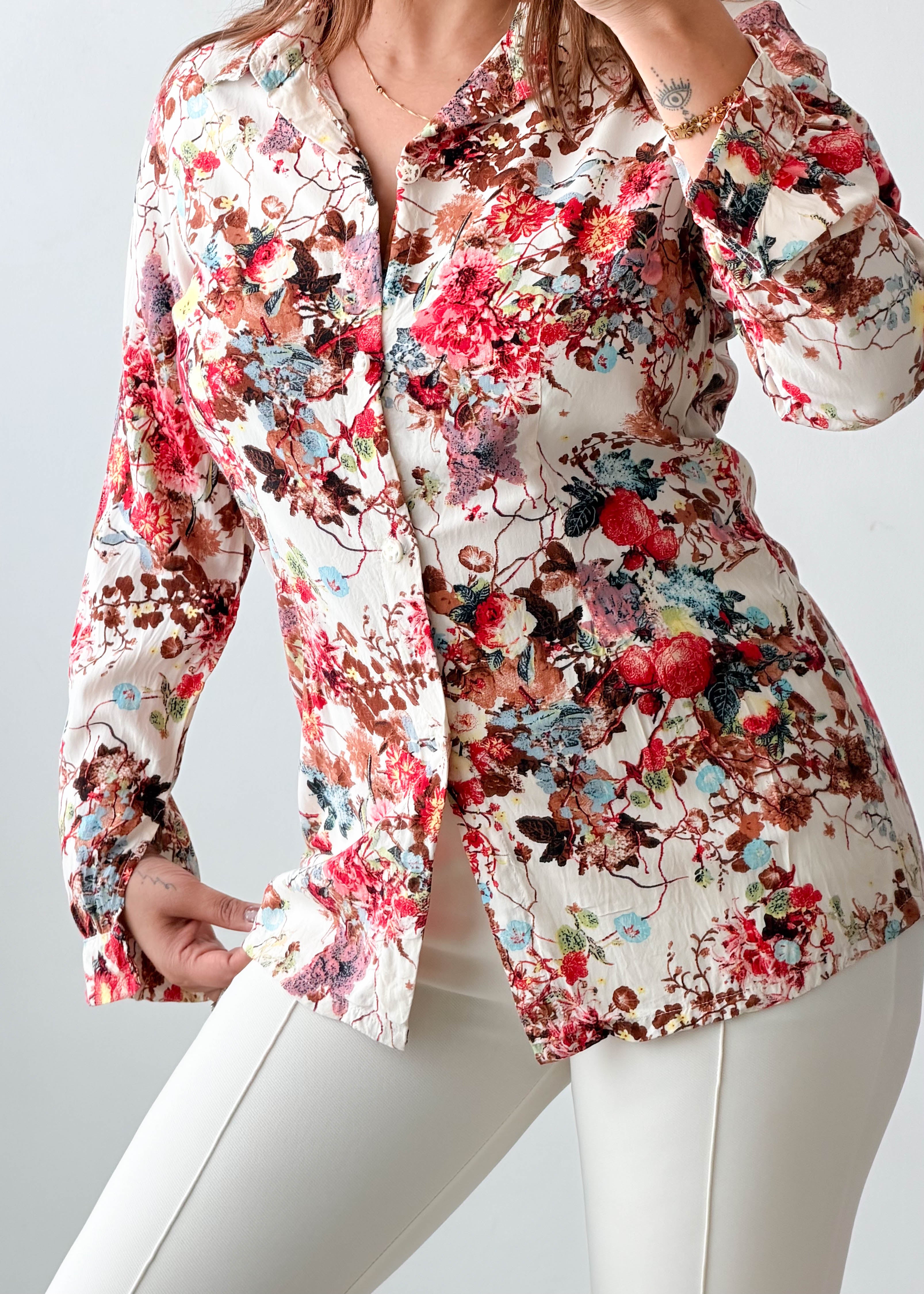 Size XS-S White Red Floral Shirt Top