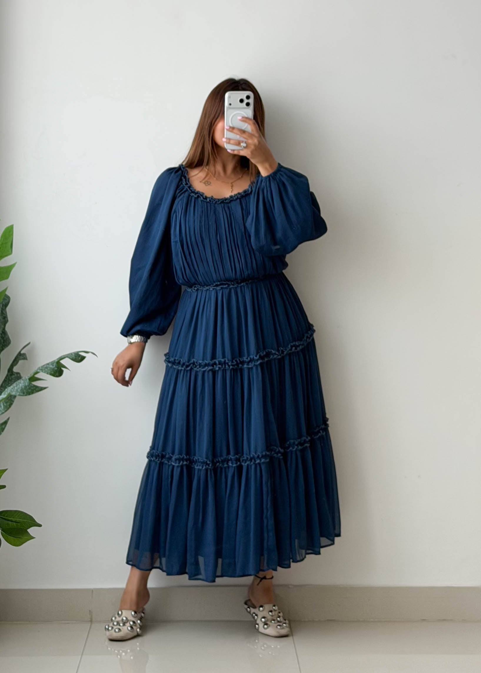 Size XS-S Navy Tiered Chiffon Midi Dress