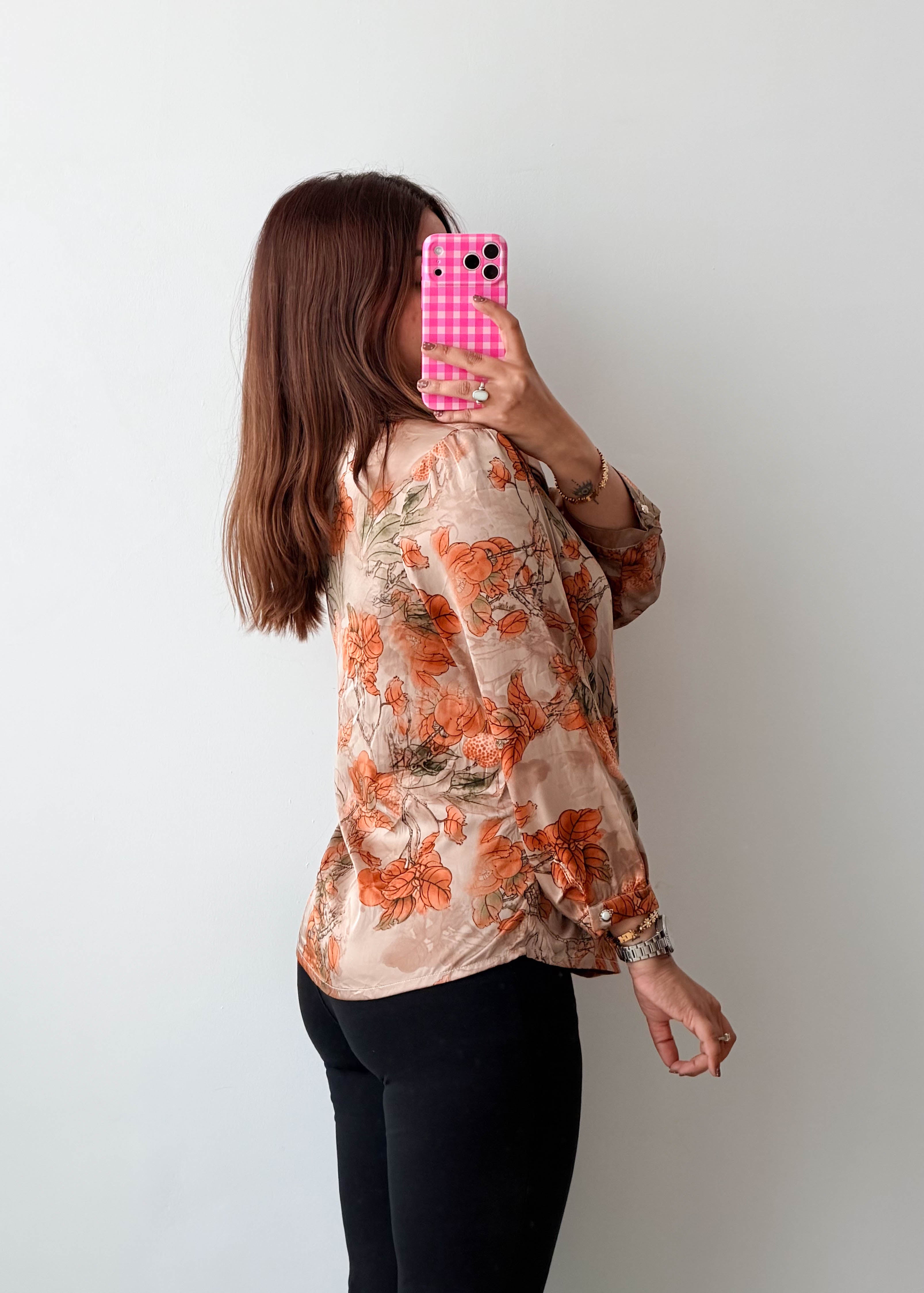 Size S-M Beige Orange Floral Tie-Neck Blouse
