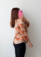 Size S-M Beige Orange Floral Tie-Neck Blouse