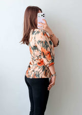 Size XS-S Beige Orange Abstract Tie-Neck Top