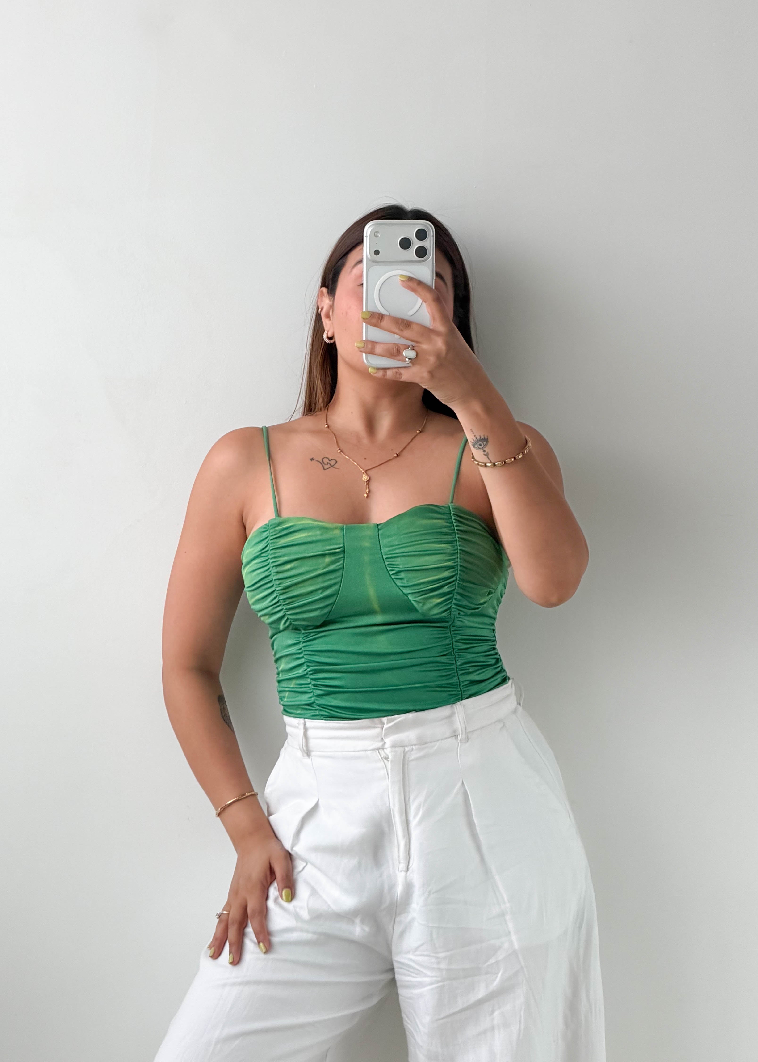 Size S-M Green Ruched Cami Bodysuit