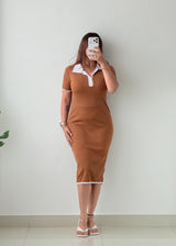 Size S-M Camel Contrast Collar Ribbed Knit Midi Dress