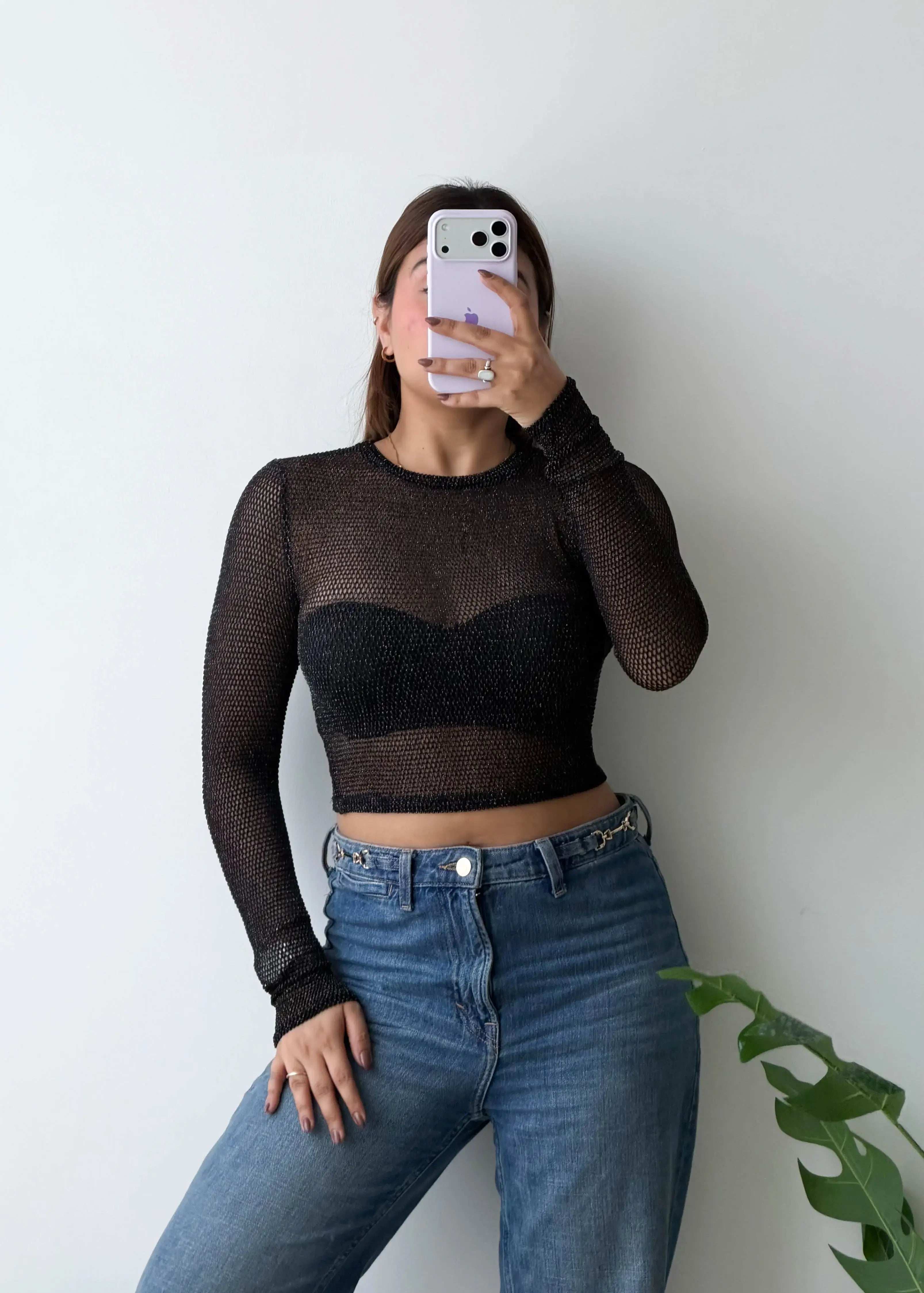 SIZE XS-S, Black Sheer Long Sleeve Crop Top