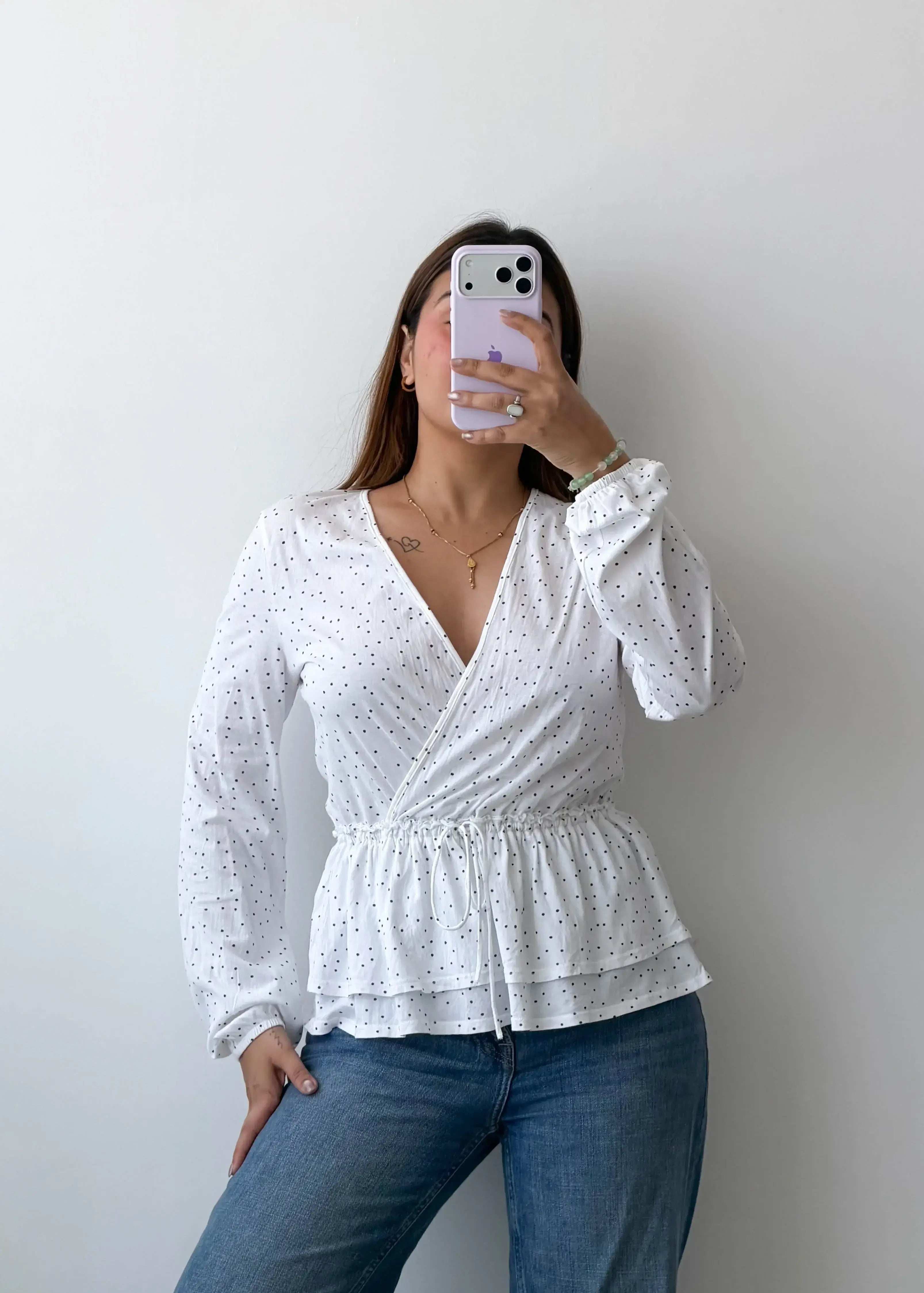 Size M-L White Polka Dot Wrap Peplum Top