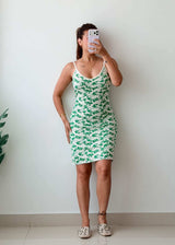 Size S-M White & Green Printed Mini Dress