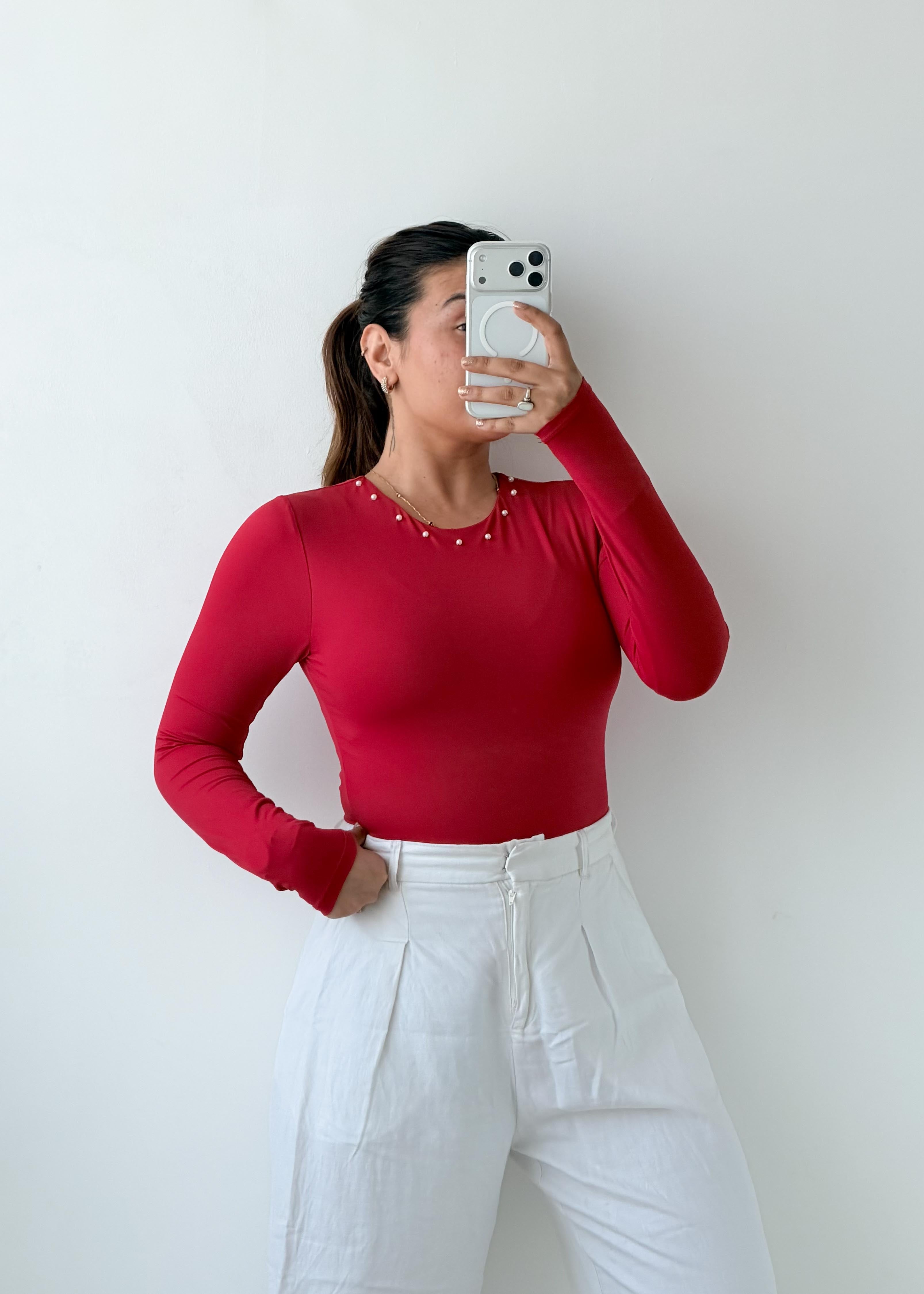 Size M Cherry Red Long Sleeve Bodysuit