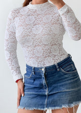 Size XS-S White High Neck Lace Bodysuit