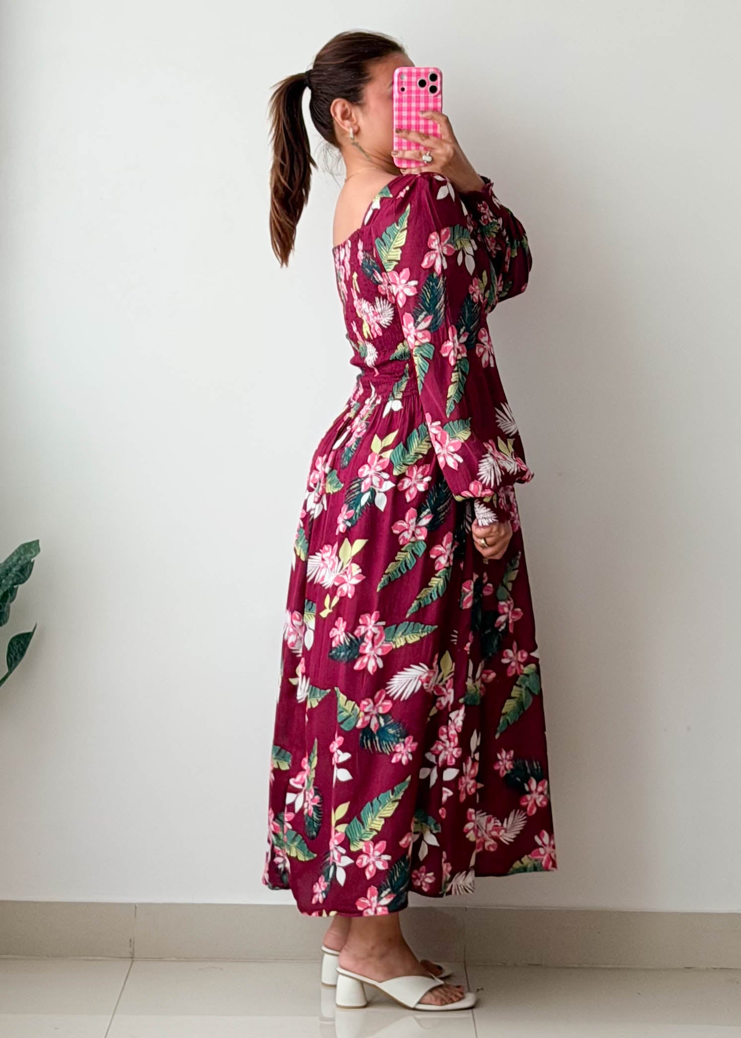 Size S-M Burgundy Floral Midi Dress