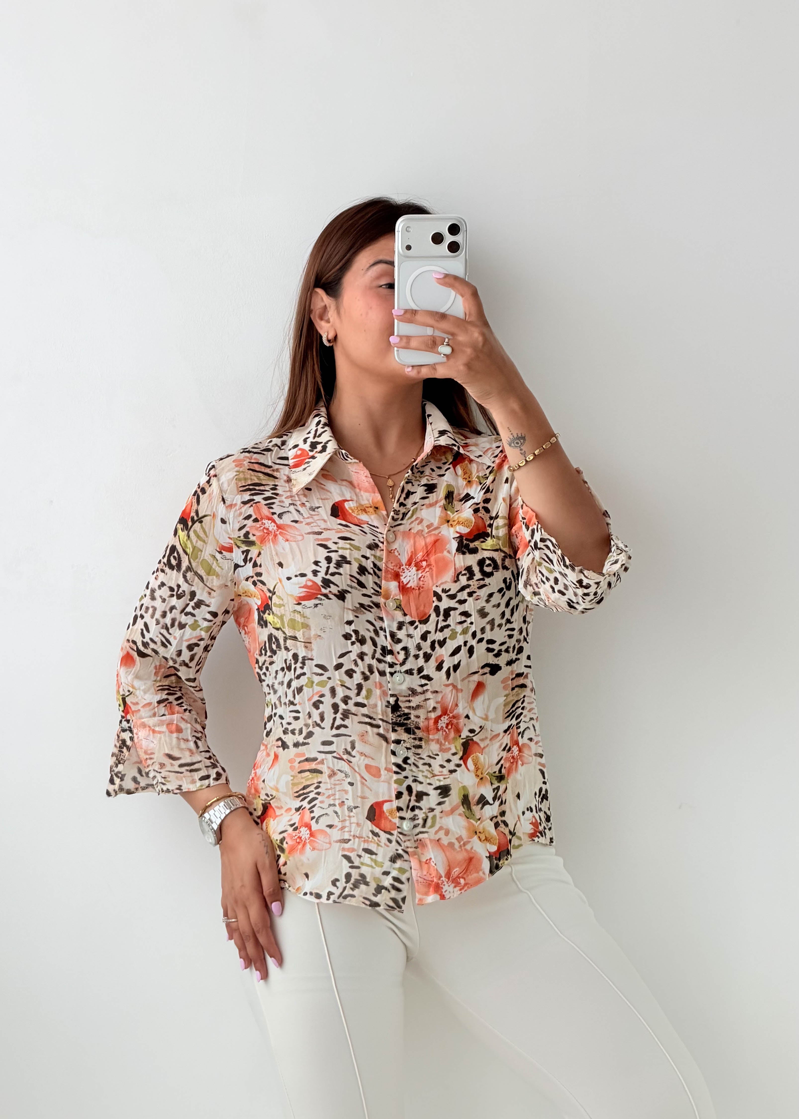 Size XS-S White Floral Print Shirt