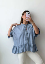 Size M-L Blue Frill Hem Top