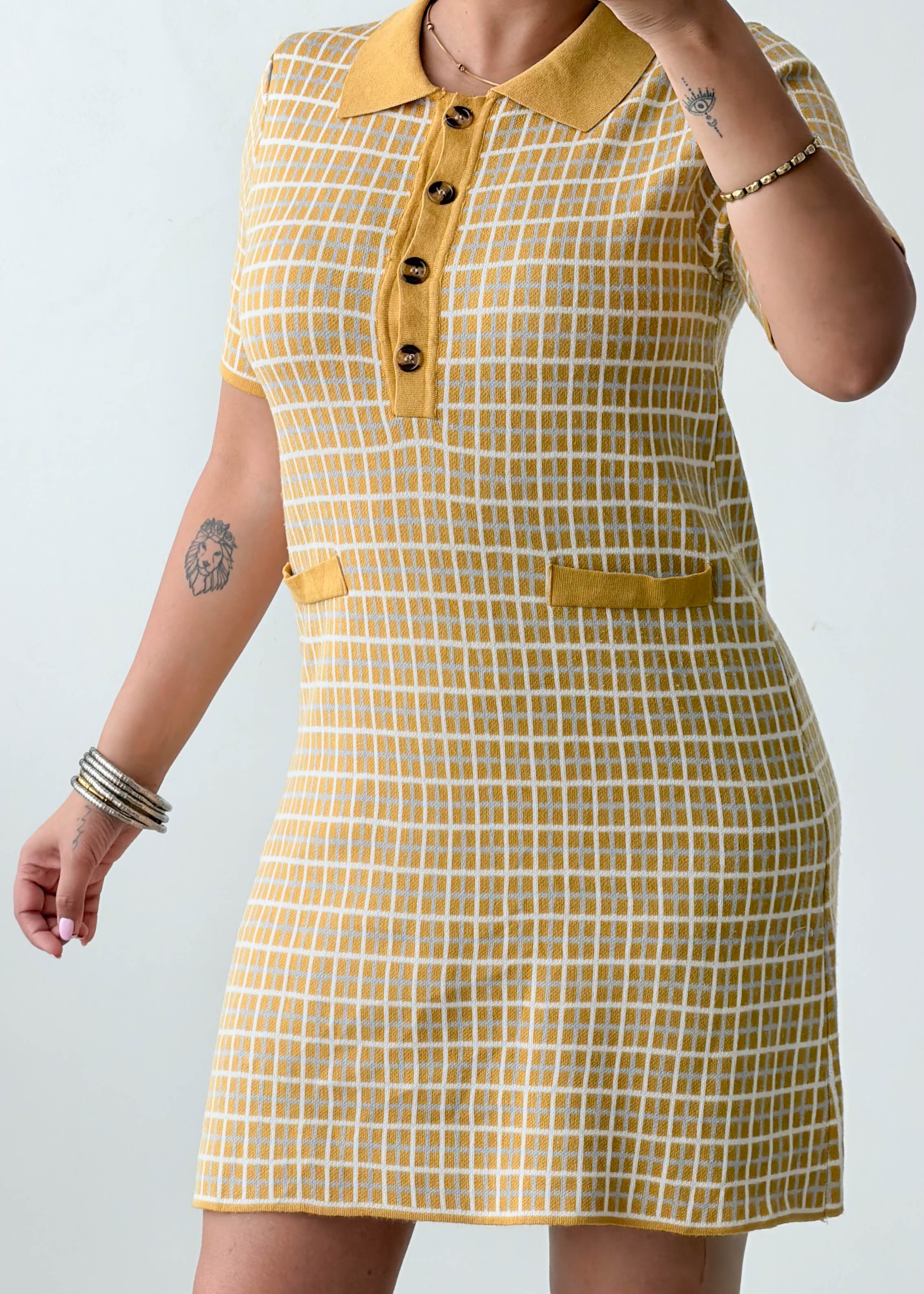Size M-L Mustard Checked Polo Knit Mini Dress