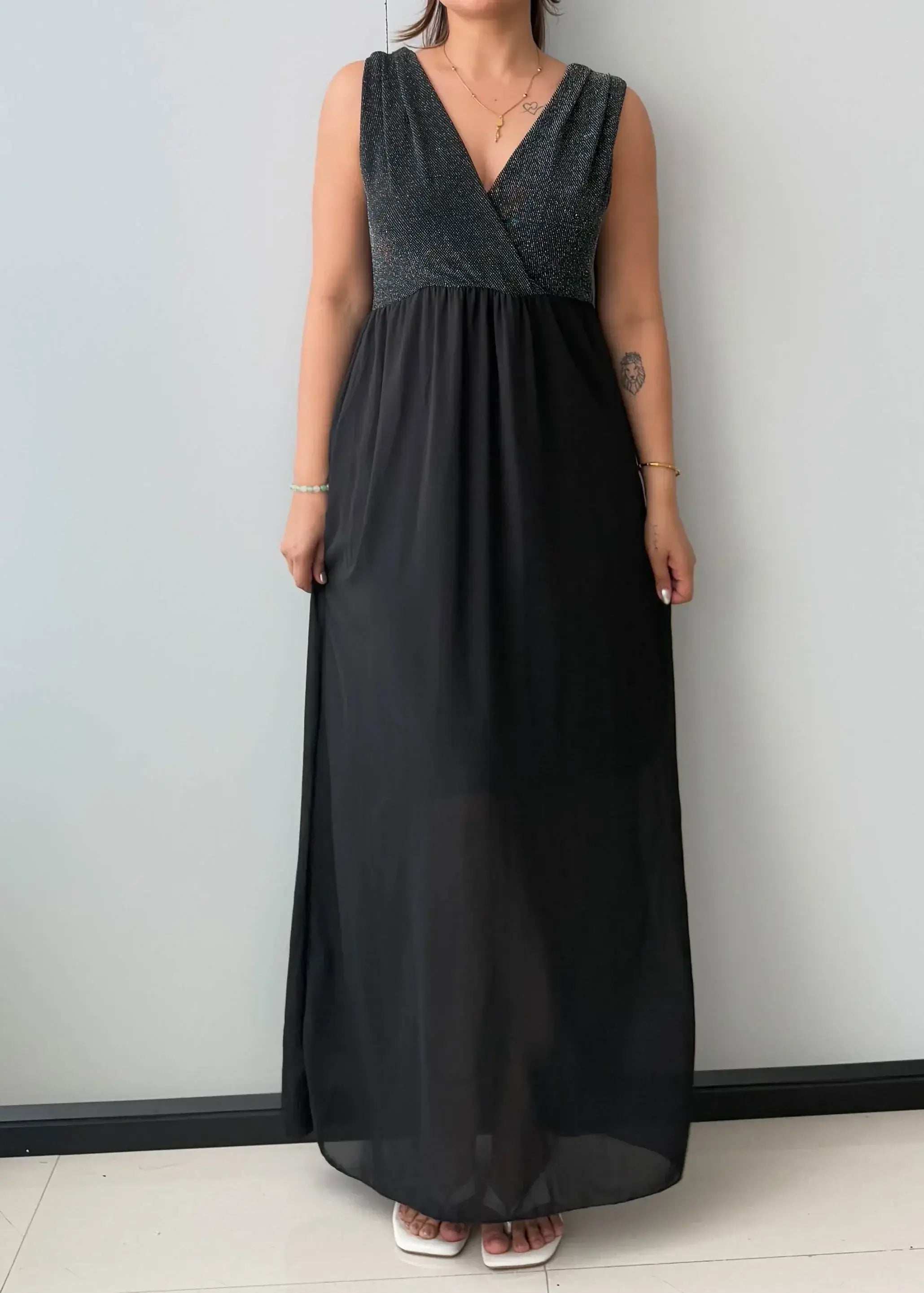 Size M-L, Black V-Neck Chiffon Maxi Dress - Closet by Payal