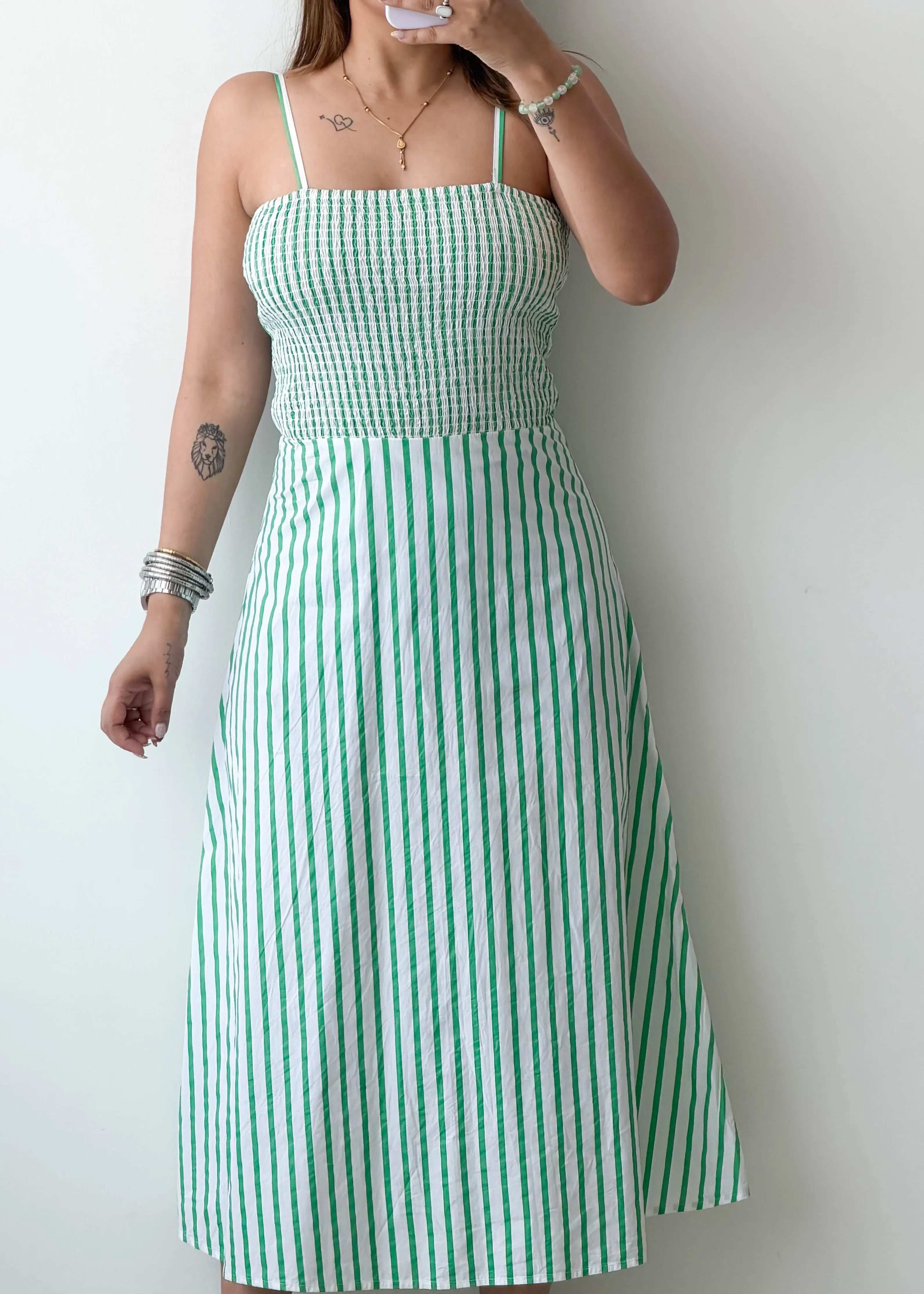 Size S, Green Striped Midi Dress