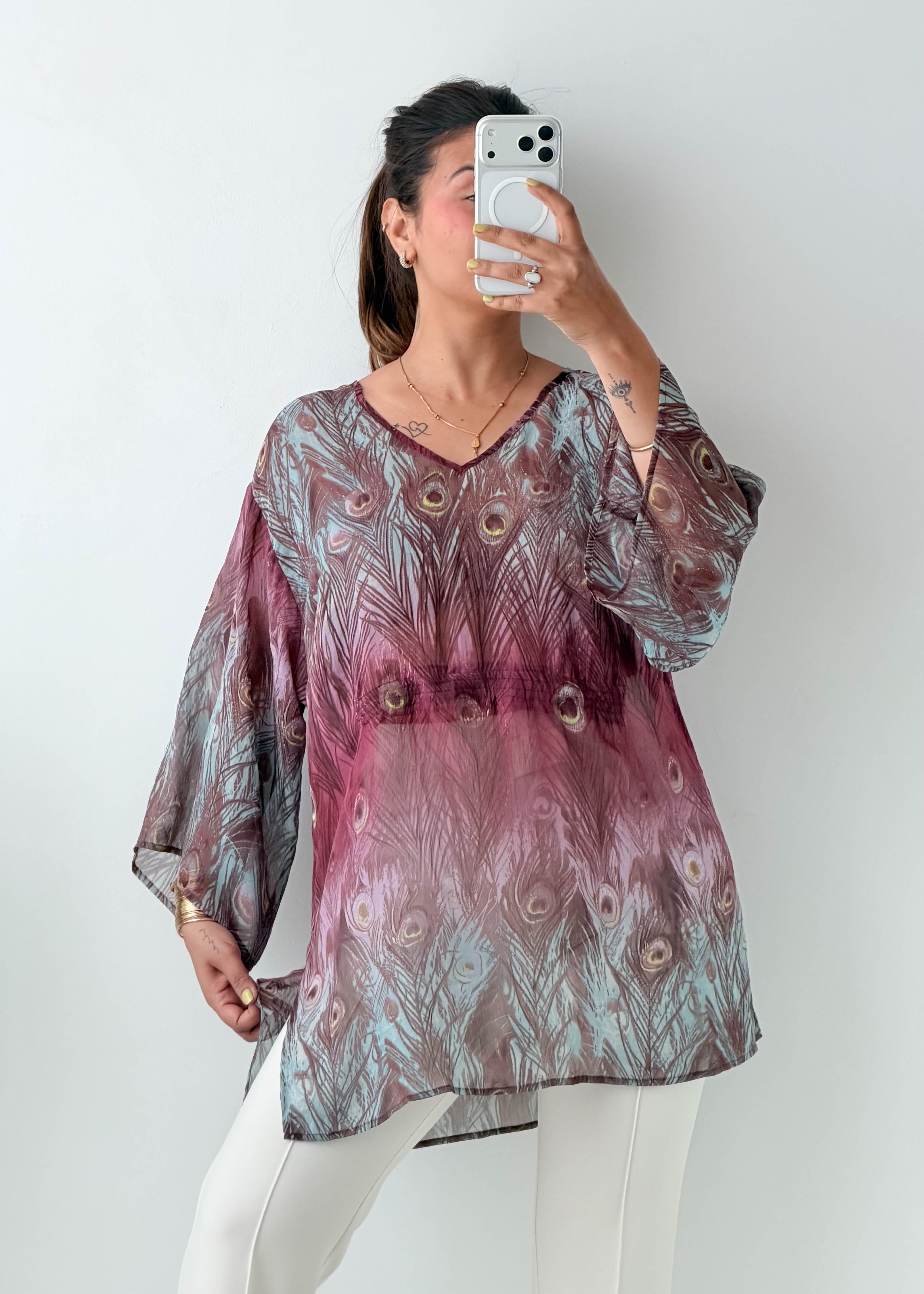 Size L-XL Mauve Peacock Print Tunic Top